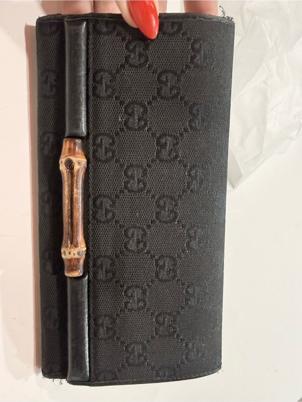 Gucci Black GG Canvas Wallet with Bamboo Accent